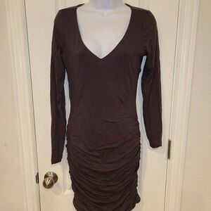 Long Sleeve V-Neck Ruched Womens Dress - Brown
